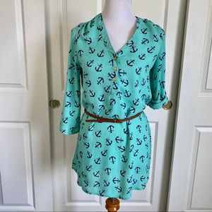 Rue 21 Belted Mint‎ Navy Blue Anchor Print Mini Dress Size Small Nautical